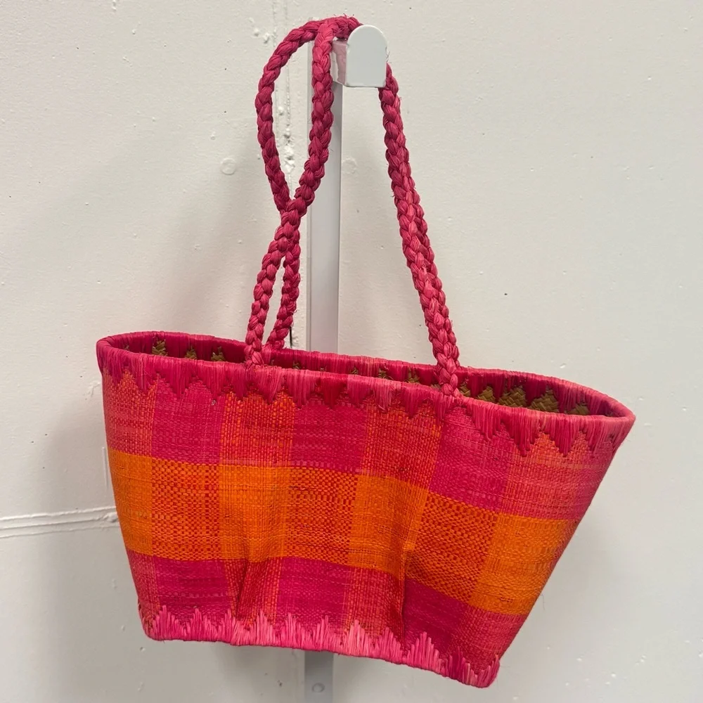 Annabel Ingall Australia Wicker Pink and Orange Straw Tote Colorblock Mini Bag - Picture 2 of 9